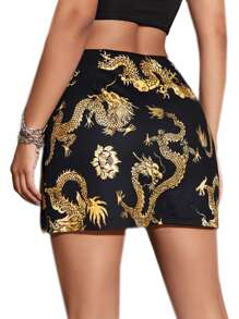 Muchica Dragon and Floral Print Split Hem Skirt - Black - View 2