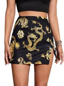 Muchica Dragon and Floral Print Split Hem Skirt - Black - View 3