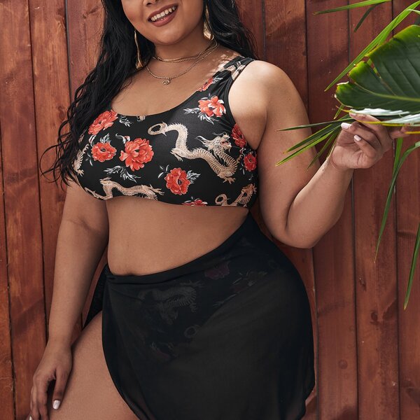 

Plus Chinese Dragon & Flower Print Bikini Swimsuit & Beach Skirt, Multicolor