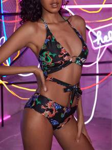 Chinese Dragon Print Halter Bikini Set Summer Beach - Multicolor - View 3