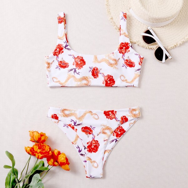 

Floral & Chinese Dragon Print Bikini Swimsuit, Multicolor