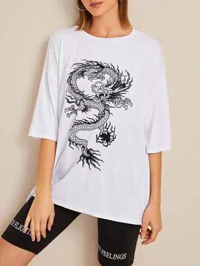 Dragon Print Drop Shoulder Oversized 