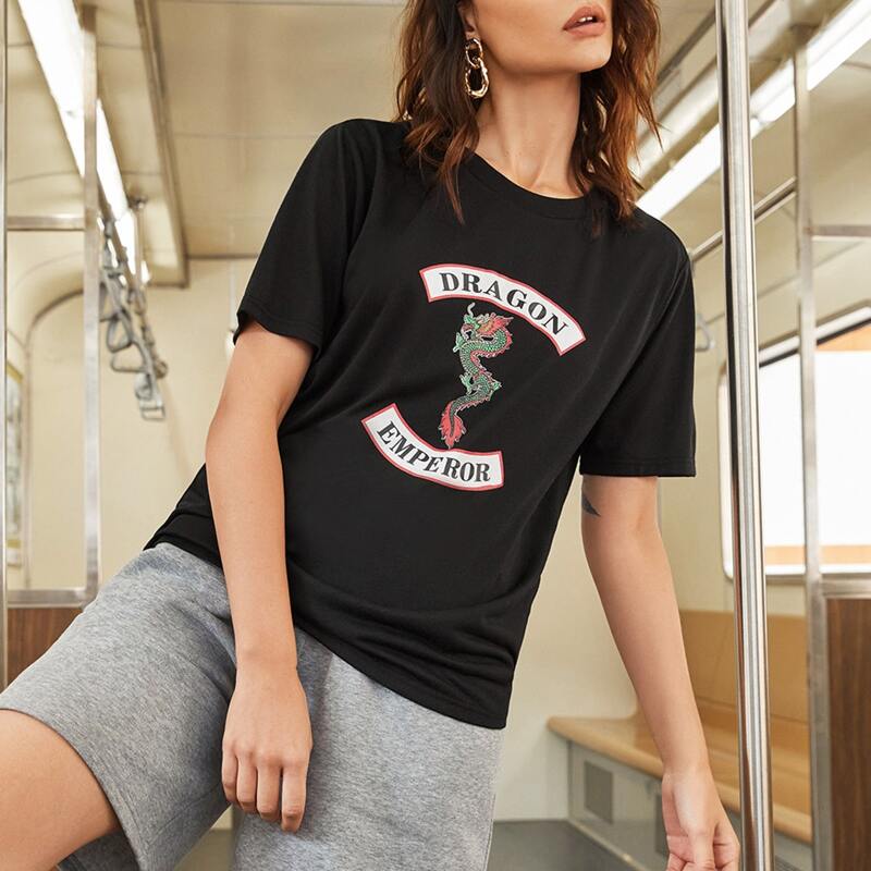 

Chinese Dragon & Letter Graphic Tee, Black