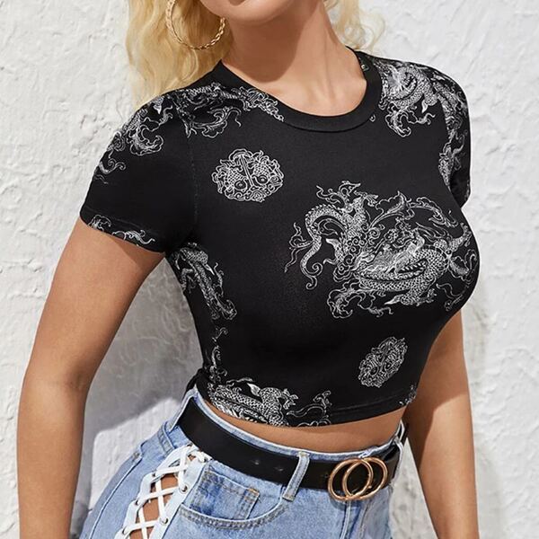 

Dragon Print Crop Tee, Black