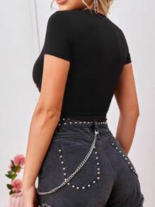 Muchica Chinese Dragon & Letter Print Ladder Cut Hem Crop Top - Black - View 2