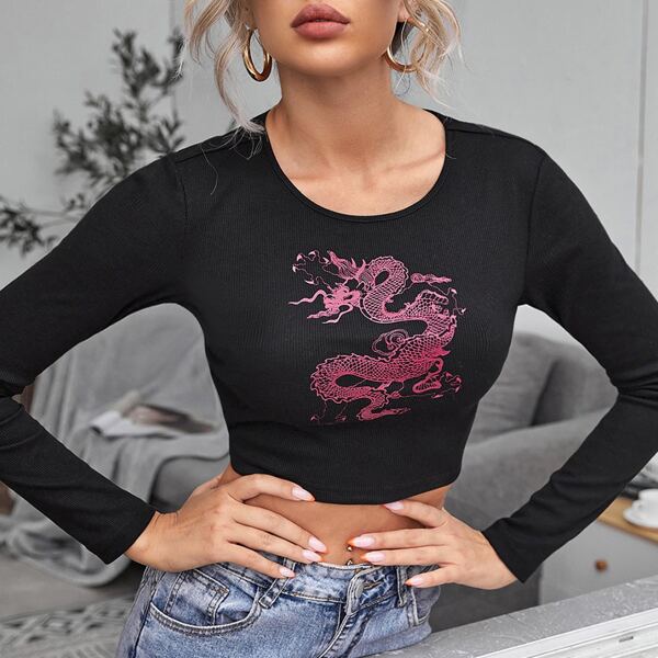 

Chinese Dragon Print Crop Top, Black