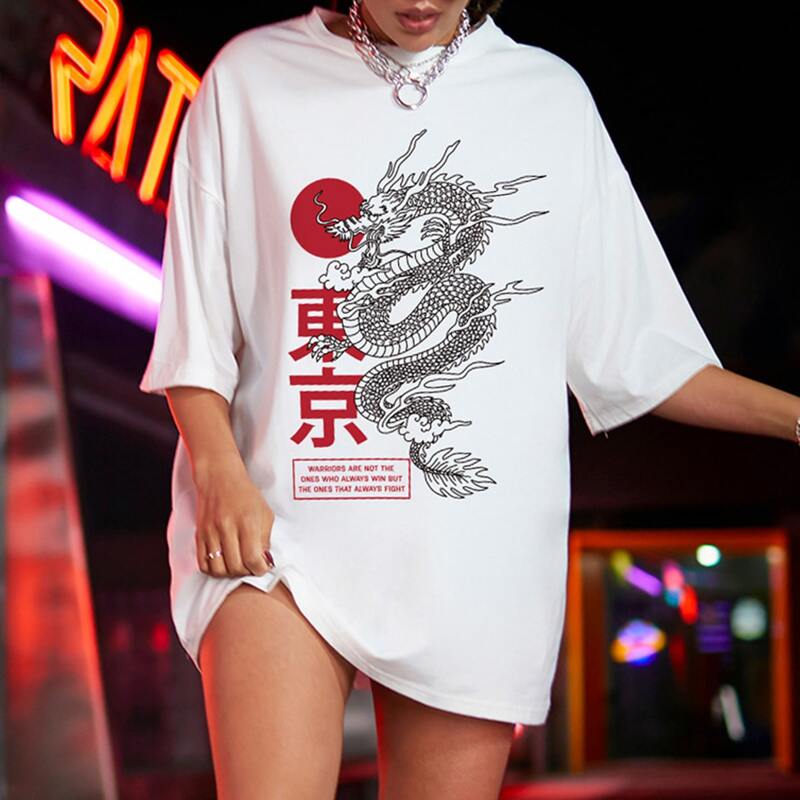 

Drop Shoulder Chinese Dragon Print Oversized Tee, White