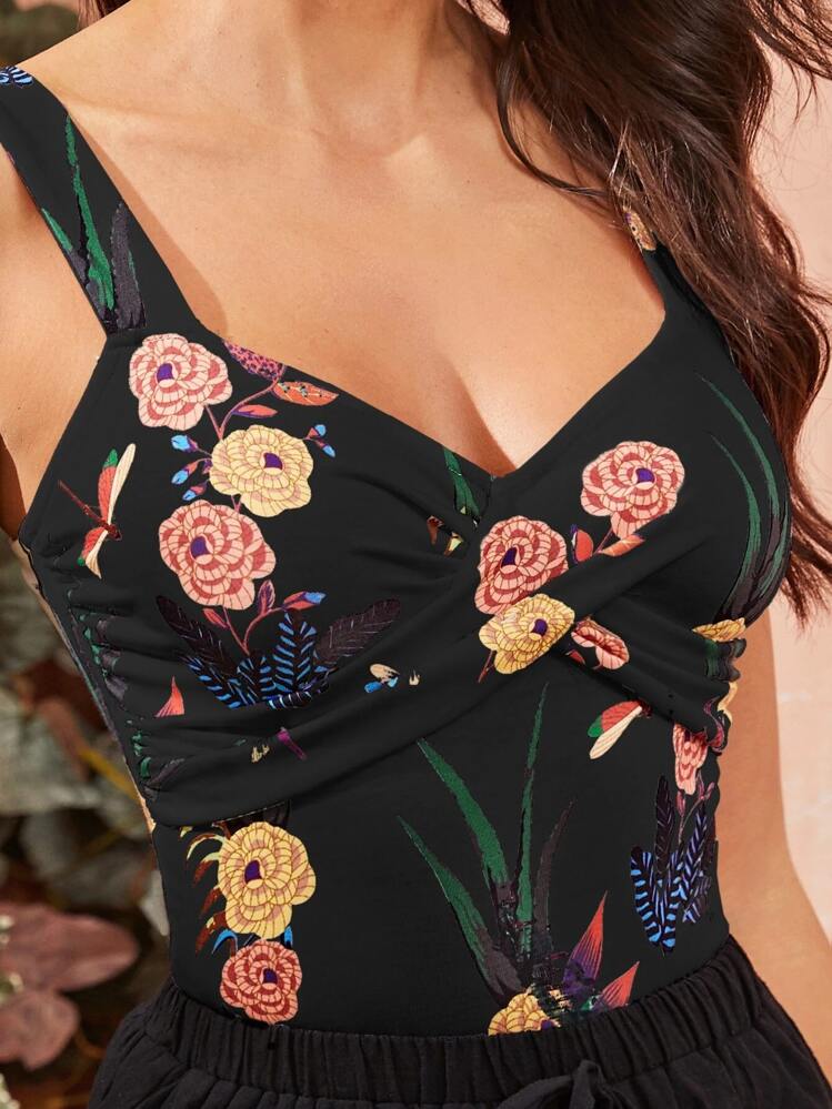 SHEIN Privé Crisscross Front Floral and Dragonfly Print Cami Top - Black - View 5