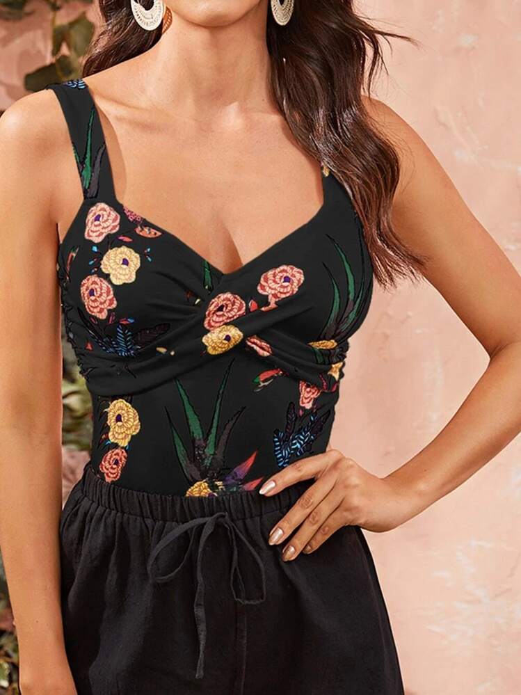 SHEIN Privé Crisscross Front Floral and Dragonfly Print Cami Top - Black - View 1