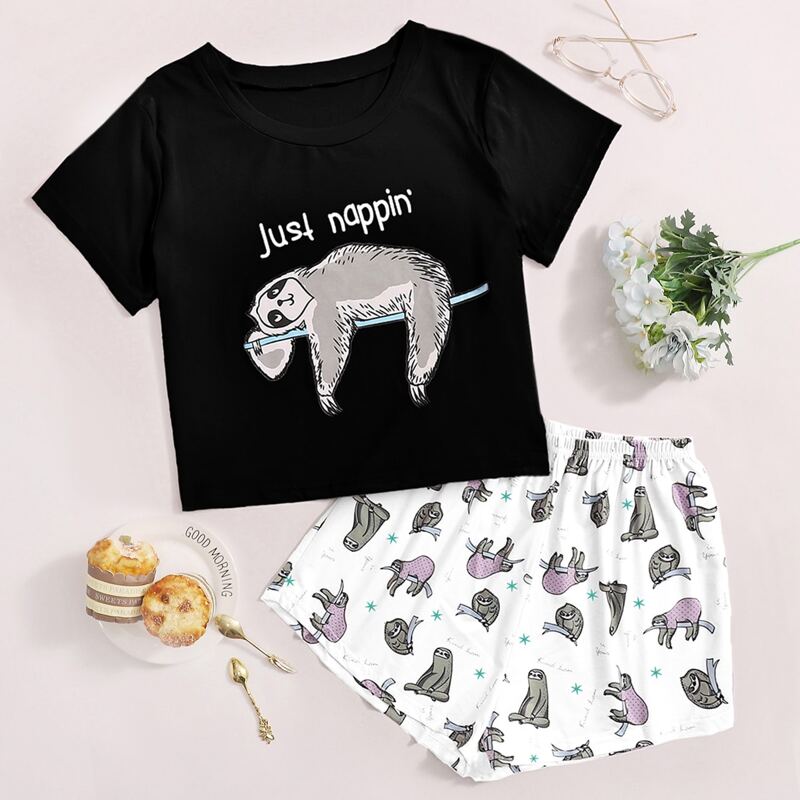 

Cartoon Sloth Graphic Tee & Shorts PJ Set, Black and white