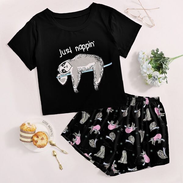 

Cartoon Sloth Graphic Tee & Shorts PJ Set, Black