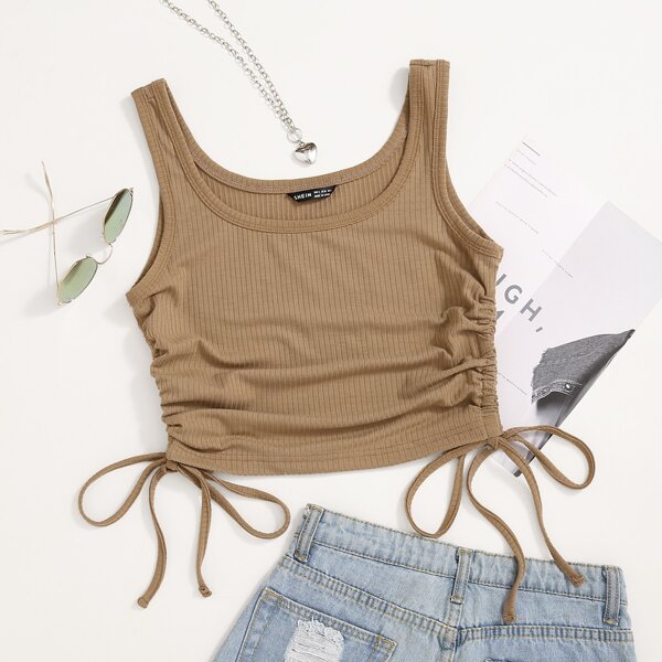 

Drawstring Ruched Side Tank Top, Khaki