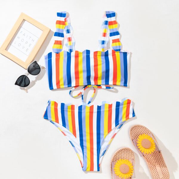

Striped Scallop Trim Bikini Swimsuit, Multicolor