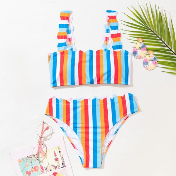 

Striped Scallop Trim Bikini Swimsuit, Multicolor
