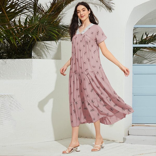 

Floral Print Contrast Lace Ruffle Hem Babydoll Dress, Dusty pink