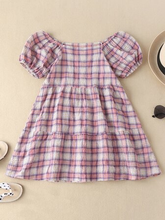 فستان سموك باكمام منفوخ مربع النقش للبنات الصغار