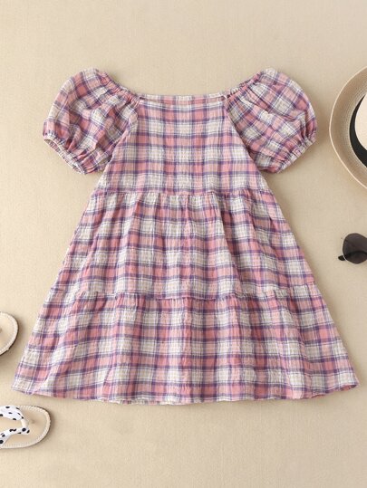 فستان سموك باكمام منفوخ مربع النقش للبنات الصغار