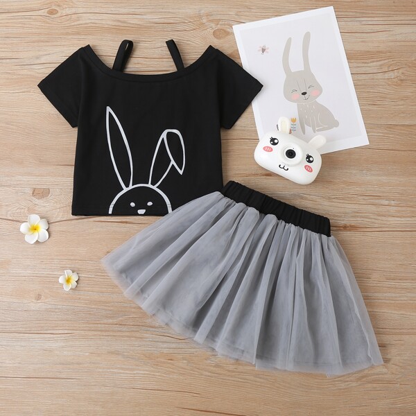 

Toddler Girls Cartoon Graphic Cold Shoulder Tee & Mesh Skirt, Multicolor