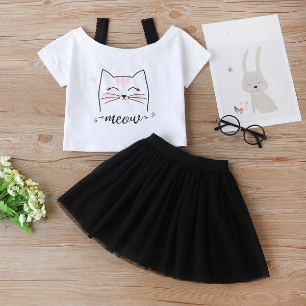 

Toddler Girls Cold Shoulder Cartoon Graphic Tee With Skirt, Black and white