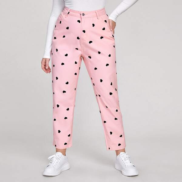 

Plus High Waist Heart Allover Print Mom Jeans, Baby pink