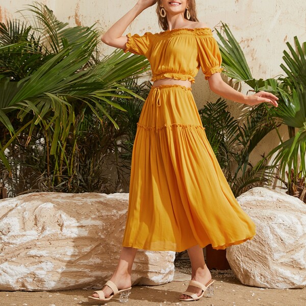 

Off Shoulder Frill Trim Top & Ruffle Hem Skirt Set, Yellow