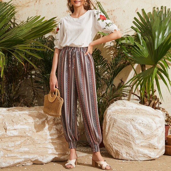 

Floral Embroidery Puff Sleeve Top & Pants Set, Multicolor