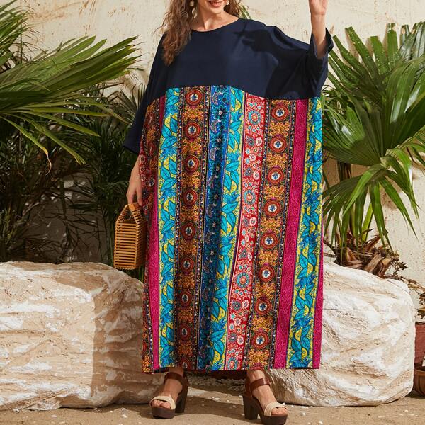 

Botanical Print Colorblock Batwing Sleeve Kaftan, Multicolor