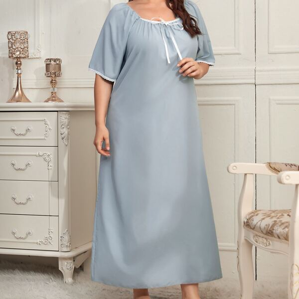 

Plus Lace Insert Tie Front Sleep Dress, Dusty blue