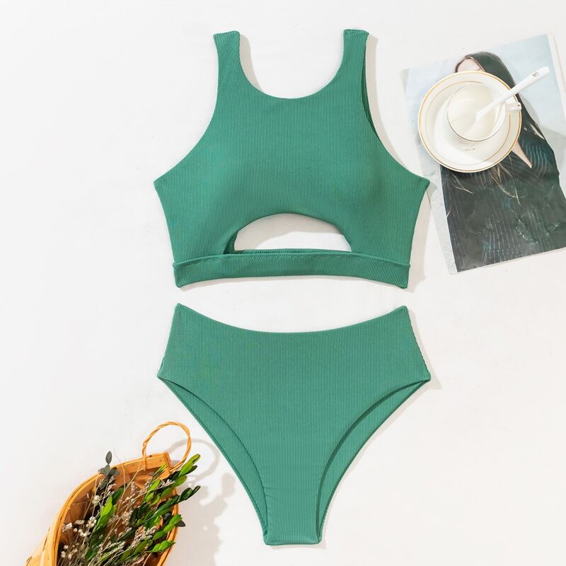 

Rib Solid Cut Out Bikini Swimsuit, Green
