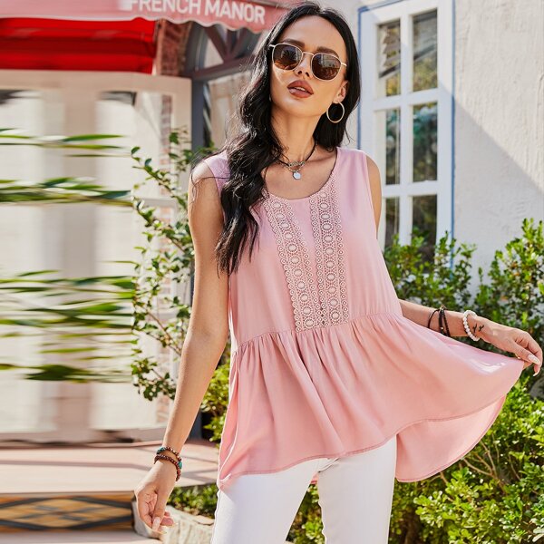 

Contrast Lace Ruffle Hem Tank Top, Coral pink