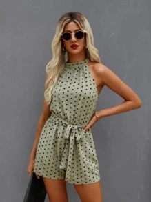 Polka Dot Backless Belted Halter Romper - Army Green - View 1