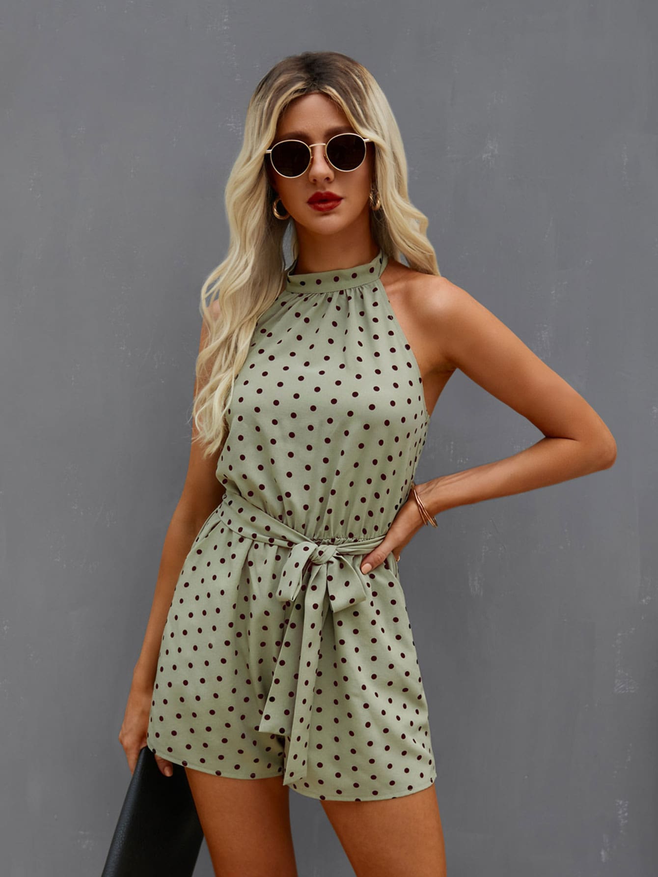 Polka Dot Backless Belted Halter Romper - Army Green - View 1