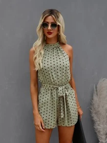 Polka Dot Backless Belted Halter Romper - Army Green - View 4