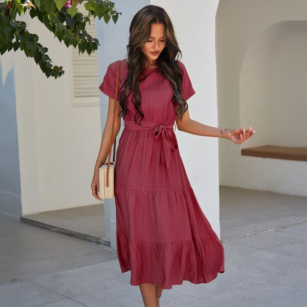 

Solid Button Front Ruffle Hem Belted Dress, Rose red