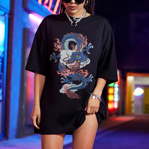 

Chinese Dragon Print Drop Shoulder Oversized Tee, Black