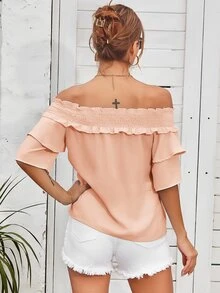 露肩打褶上衣 - 淺粉色 - 查看 2