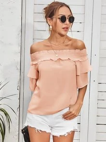 露肩打褶上衣 - 淺粉色 - 查看 3