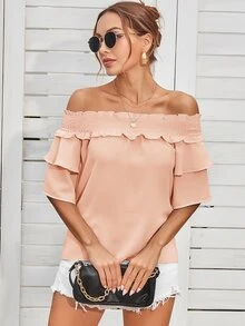 露肩打褶上衣 - 淺粉色 - 查看 4