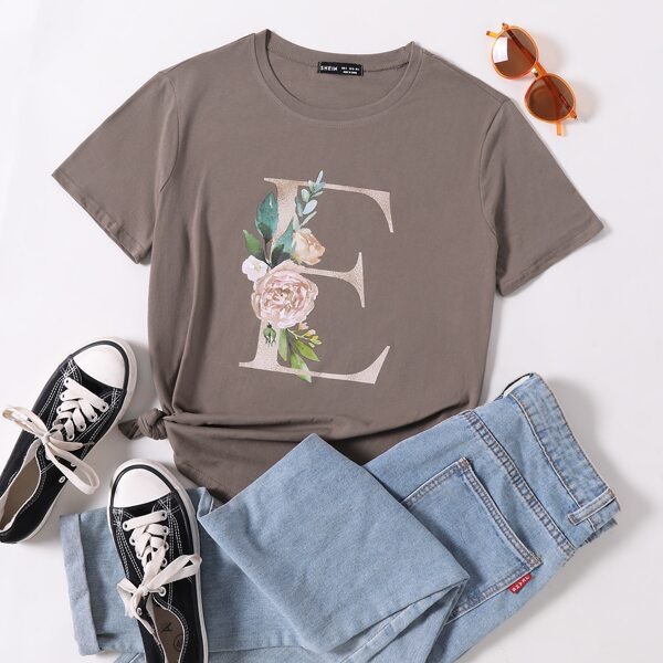 

Letter & Floral Print Tee, Grey