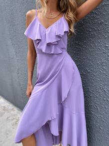 Vestido de tirantes bajo cruzado ribete con fruncido unicolor - Morado Violeta - Ver 6