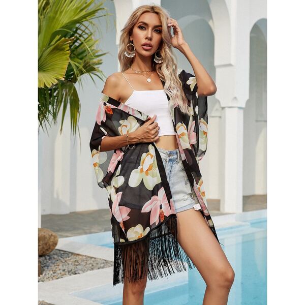 

Fringe Hem Floral Print Kimono, Multicolor