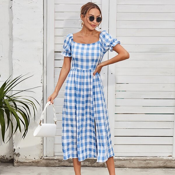 

Buffalo Plaid Puff Sleeve Split Thigh Dress, Blue and white