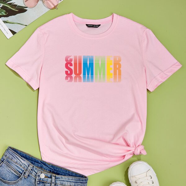 

Letter Graphic Crew Neck Tee, Baby pink