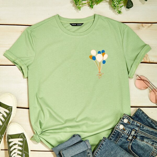 

Cartoon Graphic Round Neck Tee, Lime green