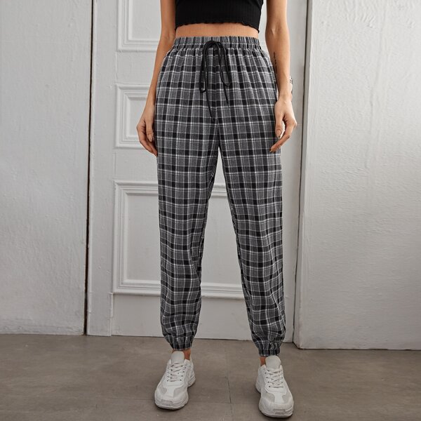 

Tartan Drawstring Waist Pants, Black and white