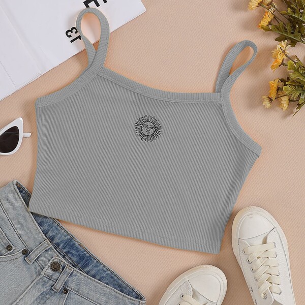 

Graphic Print Ribbed Crop Cami Top, Grey