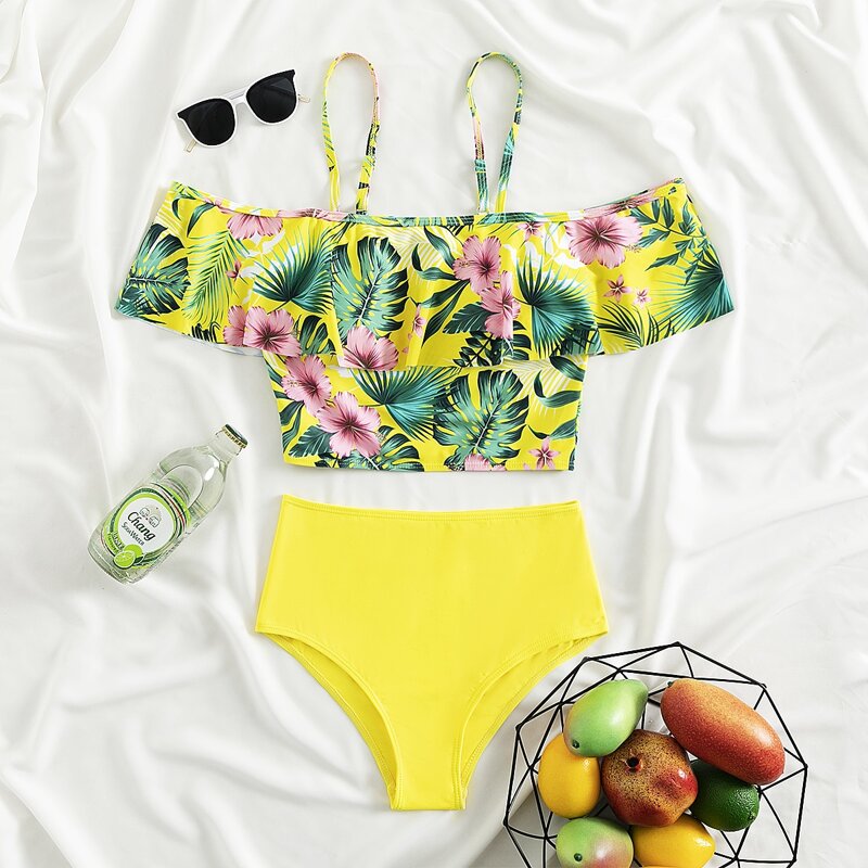 

Random Tropical Ruffle Bikini Swimsuit, Multicolor