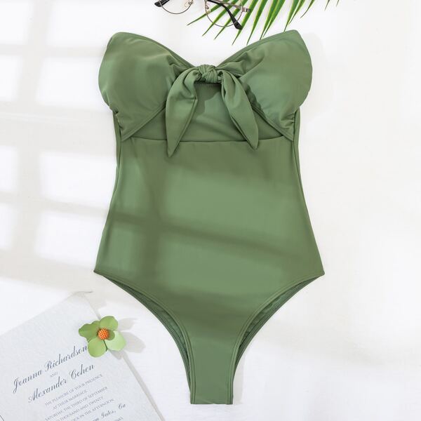 

Cut-out Knot Front Bandeau One Piece Swimsuit, Army green