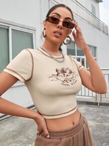 SHEIN Unity Angel & Letter Print Contrast Stitch Tee - Apricot - View 3