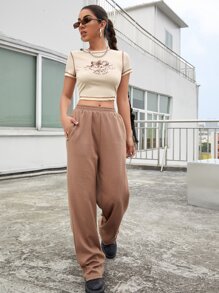 SHEIN Unity Angel & Letter Print Contrast Stitch Tee - Apricot - View 5